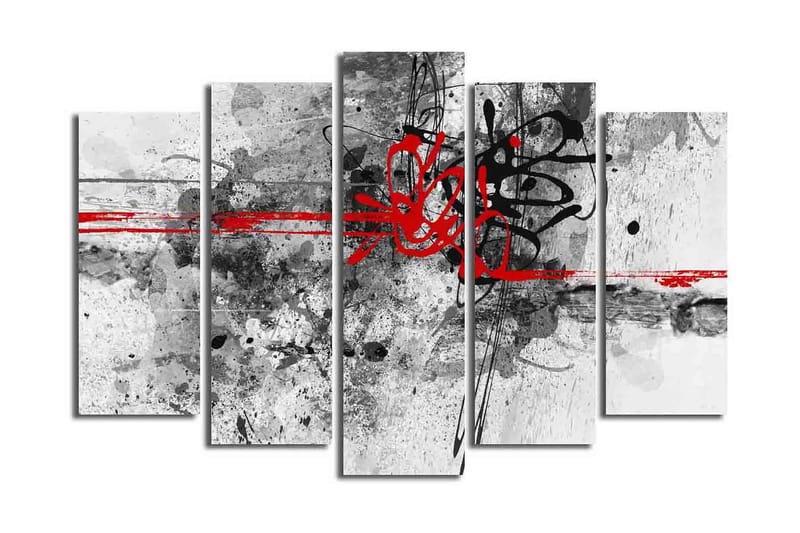 Stort lerretsbilde i 5 deler 105x70 cm - Abstrakt komposisjon med svarte og røde linjer - Rød / Svart / Grå - Interiør - Maleri & posters - Lerretsbilder