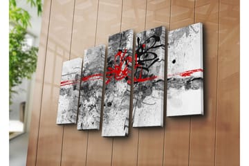 Stort lerretsbilde i 5 deler 105x70 cm - Abstrakt komposisjon med svarte og røde linjer - Rød / Svart / Grå - Interiør - Maleri & posters - Lerretsbilder