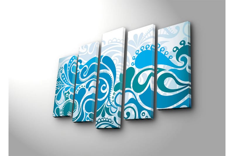 Stort lerretsbilde i 5 deler 105x70 cm - Abstrakt komposisjon med svingende mønstre i forskjellige blånyanser - Mørk blå / Lys blå / Hvit - Interiør - Maleri & posters - Lerretsbilder