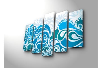 Stort lerretsbilde i 5 deler 105x70 cm - Abstrakt komposisjon med svingende mønstre i forskjellige blånyanser - Mørk blå / Lys blå / Hvit - Interiør - Maleri & posters - Lerretsbilder