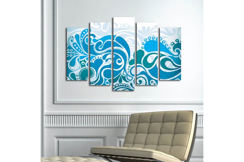 Stort lerretsbilde i 5 deler 105x70 cm - Abstrakt komposisjon med svingende mønstre i forskjellige blånyanser - Mørk blå / Lys blå / Hvit - Interiør - Maleri & posters - Lerretsbilder