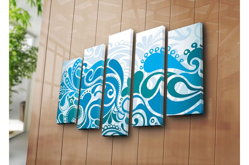 Stort lerretsbilde i 5 deler 105x70 cm - Abstrakt komposisjon med svingende mønstre i forskjellige blånyanser - Mørk blå / Lys blå / Hvit - Interiør - Maleri & posters - Lerretsbilder