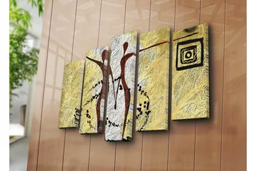 Stort lerretsbilde i 5 deler 105x70 cm - Abstrakt komposisjon med to stiliserte figurer i bevegelse - Gull / Svart / Hvit - Interiør - Maleri & posters - Lerretsbilder