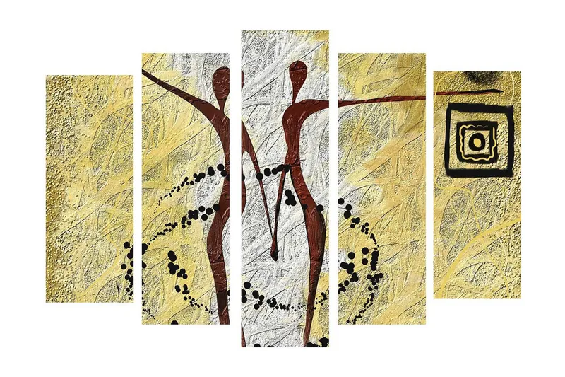 Stort lerretsbilde i 5 deler 105x70 cm - Abstrakt komposisjon med to stiliserte figurer i bevegelse - Gull / Svart / Hvit - Interiør - Maleri & posters - Lerretsbilder