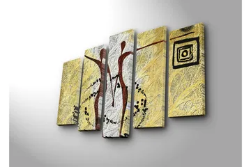 Stort lerretsbilde i 5 deler 105x70 cm - Abstrakt komposisjon med to stiliserte figurer i bevegelse - Gull / Svart / Hvit - Interiør - Maleri & posters - Lerretsbilder