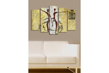 Stort lerretsbilde i 5 deler 105x70 cm - Abstrakt komposisjon med to stiliserte figurer i bevegelse - Gull / Svart / Hvit - Interiør - Maleri & posters - Lerretsbilder