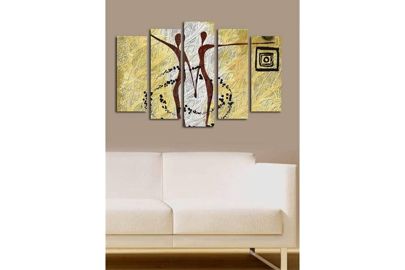 Stort lerretsbilde i 5 deler 105x70 cm - Abstrakt komposisjon med to stiliserte figurer i bevegelse - Gull / Svart / Hvit - Interiør - Maleri & posters - Lerretsbilder