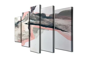Stort lerretsbilde i 5 deler 105x70 cm - Abstrakt landskap med myke former og dempede farger - Grå / Rosa / Svart - Interiør - Maleri & posters - Lerretsbilder