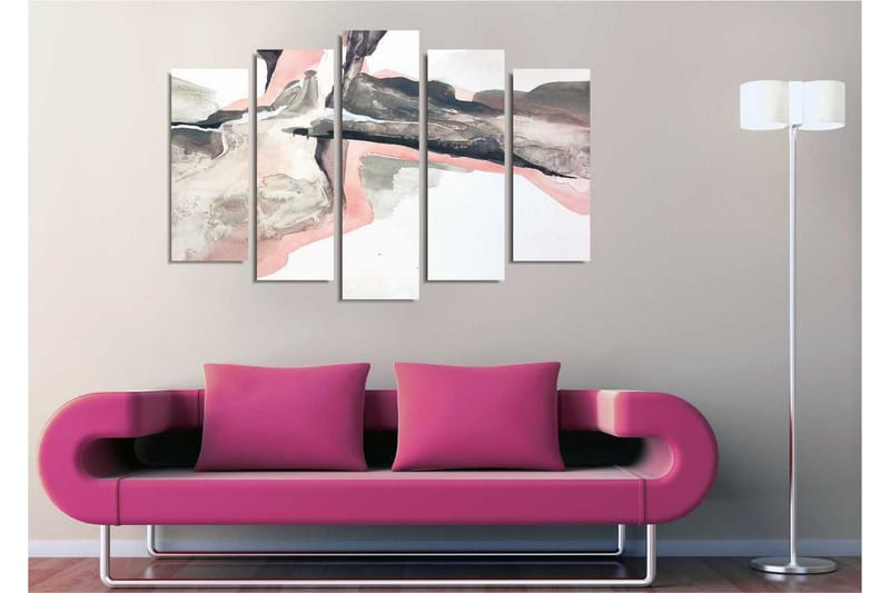 Stort lerretsbilde i 5 deler 105x70 cm - Abstrakt landskap med myke former og dempede farger - Grå / Rosa / Svart - Interiør - Maleri & posters - Lerretsbilder