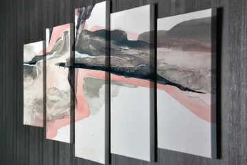 Stort lerretsbilde i 5 deler 105x70 cm - Abstrakt landskap med myke former og dempede farger - Grå / Rosa / Svart - Interiør - Maleri & posters - Lerretsbilder