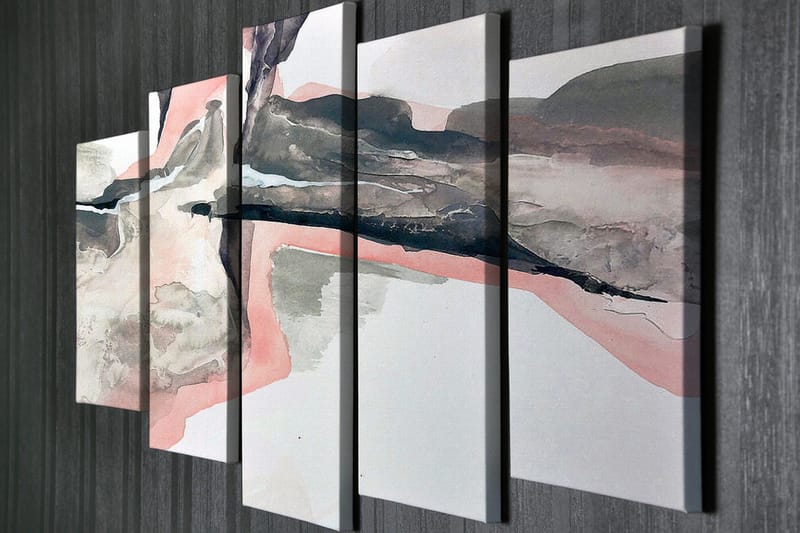 Stort lerretsbilde i 5 deler 105x70 cm - Abstrakt landskap med myke former og dempede farger - Grå / Rosa / Svart - Interiør - Maleri & posters - Lerretsbilder