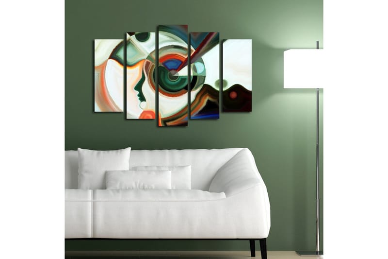 Stort lerretsbilde i 5 deler 105x70 cm - Abstrakt portrett med geometriske former og fargerike elementer - Grønn / Rød / Hvit - Interiør - Maleri & posters - Lerretsbilder