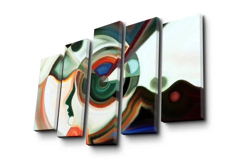 Stort lerretsbilde i 5 deler 105x70 cm - Abstrakt portrett med geometriske former og fargerike elementer - Grønn / Rød / Hvit - Interiør - Maleri & posters - Lerretsbilder