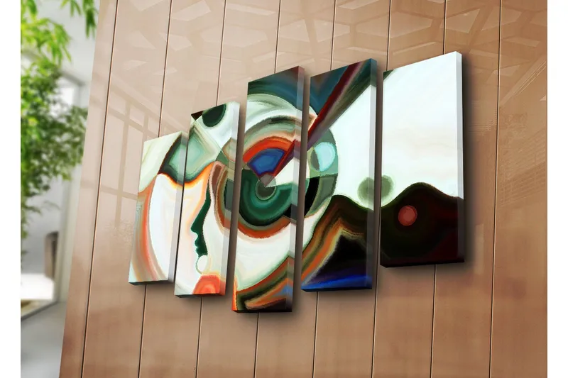 Stort lerretsbilde i 5 deler 105x70 cm - Abstrakt portrett med geometriske former og fargerike elementer - Grønn / Rød / Hvit - Interiør - Maleri & posters - Lerretsbilder