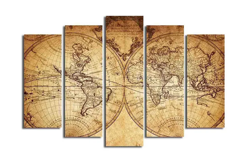 Stort lerretsbilde i 5 deler 105x70 cm - Antikt verdenskart med detaljerte konturer og geografiske navn - Beige / Brun - Interiør - Maleri & posters - Lerretsbilder