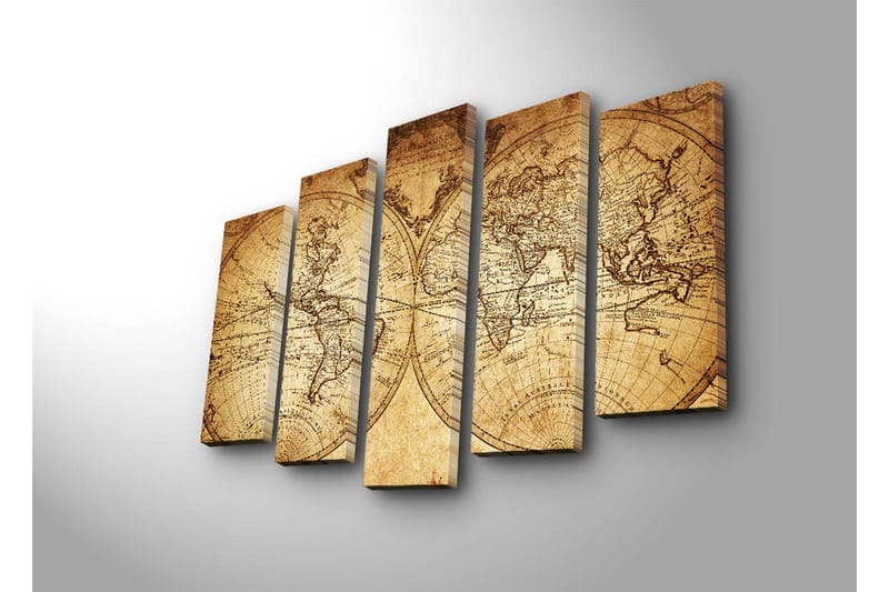 Stort lerretsbilde i 5 deler 105x70 cm - Antikt verdenskart med detaljerte konturer og geografiske navn - Beige / Brun - Interiør - Maleri & posters - Lerretsbilder