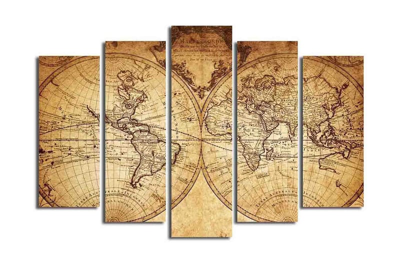 Stort lerretsbilde i 5 deler 105x70 cm - Antikt verdenskart med detaljerte konturer og geografiske navn - Beige / Brun - Interiør - Maleri & posters - Lerretsbilder