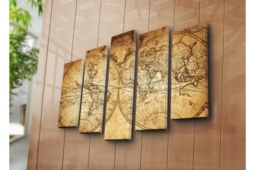 Stort lerretsbilde i 5 deler 105x70 cm - Antikt verdenskart med detaljerte konturer og geografiske navn - Beige / Brun - Interiør - Maleri & posters - Lerretsbilder