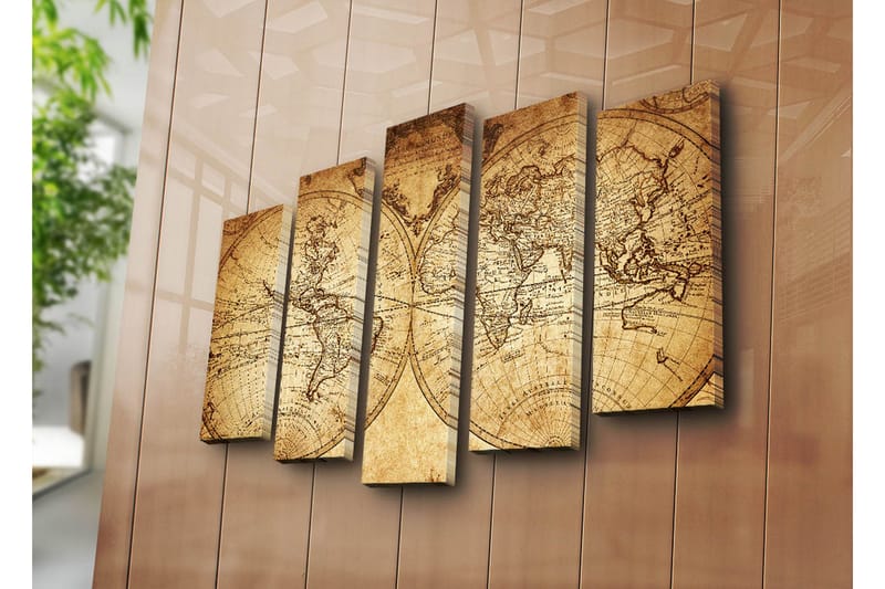 Stort lerretsbilde i 5 deler 105x70 cm - Antikt verdenskart med detaljerte konturer og geografiske navn - Beige / Brun - Interiør - Maleri & posters - Lerretsbilder