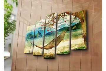 Stort lerretsbilde i 5 deler 105x70 cm - Avslappende hengekøye under et tre på en strand med fjell i bakgrunnen - Blå / Grønn / Beige - Interiør - Maleri & posters - Lerretsbilder