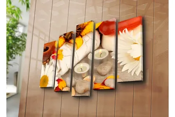 Stort lerretsbilde i 5 deler 105x70 cm - Avslappende spa-miljø med blomster og stearinlys - Gul / Hvit / Brun - Interiør - Maleri & posters - Lerretsbilder
