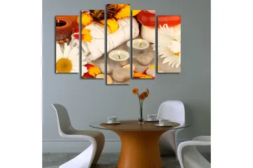 Stort lerretsbilde i 5 deler 105x70 cm - Avslappende spa-miljø med blomster og stearinlys - Gul / Hvit / Brun - Interiør - Maleri & posters - Lerretsbilder