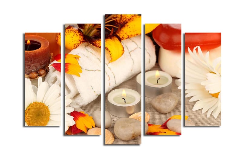 Stort lerretsbilde i 5 deler 105x70 cm - Avslappende spa-miljø med blomster og stearinlys - Gul / Hvit / Brun - Interiør - Maleri & posters - Lerretsbilder