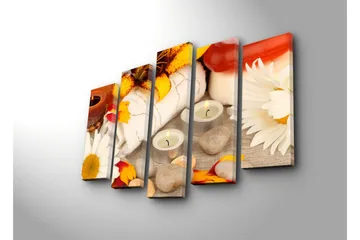 Stort lerretsbilde i 5 deler 105x70 cm - Avslappende spa-miljø med blomster og stearinlys - Gul / Hvit / Brun - Interiør - Maleri & posters - Lerretsbilder