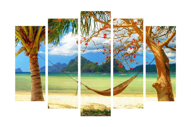 Stort lerretsbilde i 5 deler 105x70 cm - Avslappende strandscene med hengekøye mellom palmer - Grønn / Blå / Beige - Interiør - Maleri & posters - Lerretsbilder