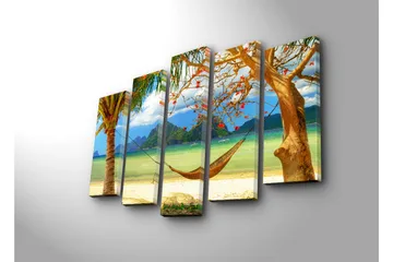 Stort lerretsbilde i 5 deler 105x70 cm - Avslappende strandscene med hengekøye mellom palmer - Grønn / Blå / Beige - Interiør - Maleri & posters - Lerretsbilder