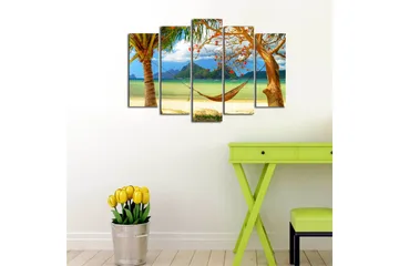 Stort lerretsbilde i 5 deler 105x70 cm - Avslappende strandscene med hengekøye mellom palmer - Grønn / Blå / Beige - Interiør - Maleri & posters - Lerretsbilder