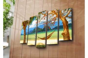 Stort lerretsbilde i 5 deler 105x70 cm - Avslappende strandscene med hengekøye mellom palmer - Grønn / Blå / Beige - Interiør - Maleri & posters - Lerretsbilder