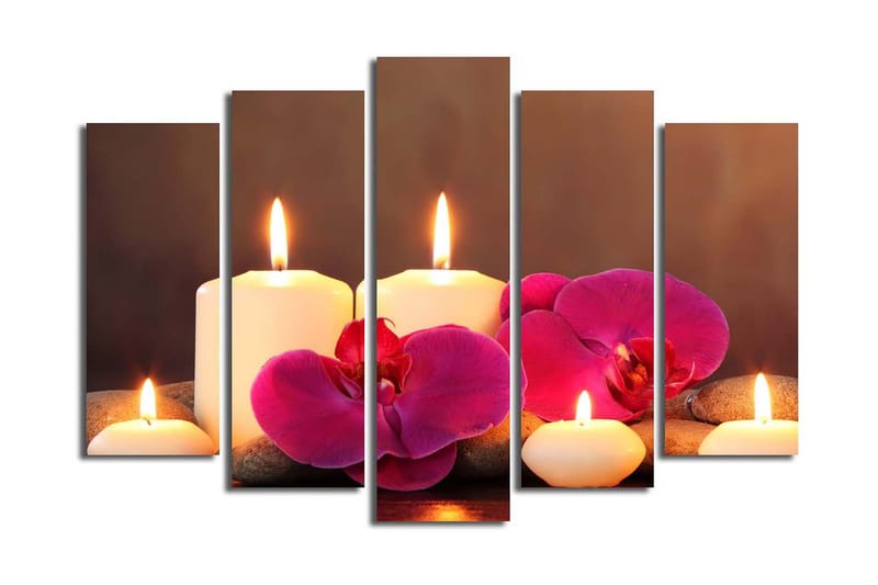 Stort lerretsbilde i 5 deler 105x70 cm - Beroligende komposisjon med tente lys og orkideer - Hvit / Rosa / Grå - Interiør - Maleri & posters - Lerretsbilder