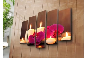 Stort lerretsbilde i 5 deler 105x70 cm - Beroligende komposisjon med tente lys og orkideer - Hvit / Rosa / Grå - Interiør - Maleri & posters - Lerretsbilder