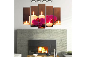 Stort lerretsbilde i 5 deler 105x70 cm - Beroligende komposisjon med tente lys og orkideer - Hvit / Rosa / Grå - Interiør - Maleri & posters - Lerretsbilder