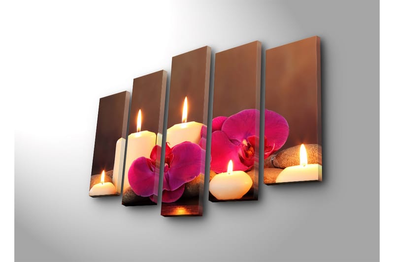 Stort lerretsbilde i 5 deler 105x70 cm - Beroligende komposisjon med tente lys og orkideer - Hvit / Rosa / Grå - Interiør - Maleri & posters - Lerretsbilder