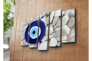 Stort lerretsbilde i 5 deler 105x70 cm - Blått glassøye omgitt av hvite steiner - Blå / Hvit / Svart - Interiør - Maleri & posters - Lerretsbilder