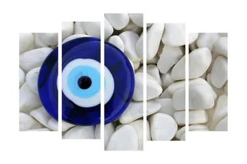 Stort lerretsbilde i 5 deler 105x70 cm - Blått glassøye omgitt av hvite steiner - Blå / Hvit / Svart - Interiør - Maleri & posters - Lerretsbilder