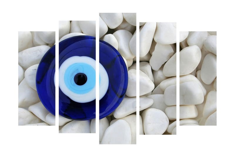 Stort lerretsbilde i 5 deler 105x70 cm - Blått glassøye omgitt av hvite steiner - Blå / Hvit / Svart - Interiør - Maleri & posters - Lerretsbilder