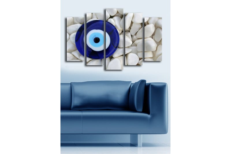 Stort lerretsbilde i 5 deler 105x70 cm - Blått glassøye omgitt av hvite steiner - Blå / Hvit / Svart - Interiør - Maleri & posters - Lerretsbilder
