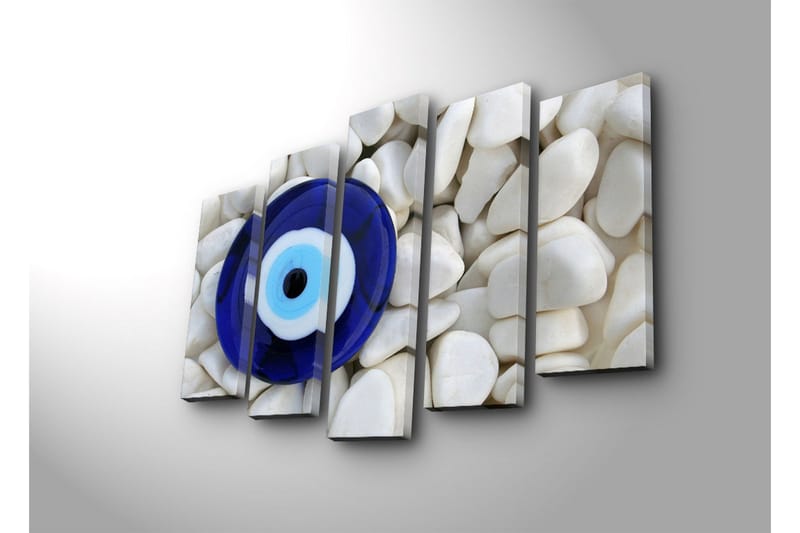 Stort lerretsbilde i 5 deler 105x70 cm - Blått glassøye omgitt av hvite steiner - Blå / Hvit / Svart - Interiør - Maleri & posters - Lerretsbilder