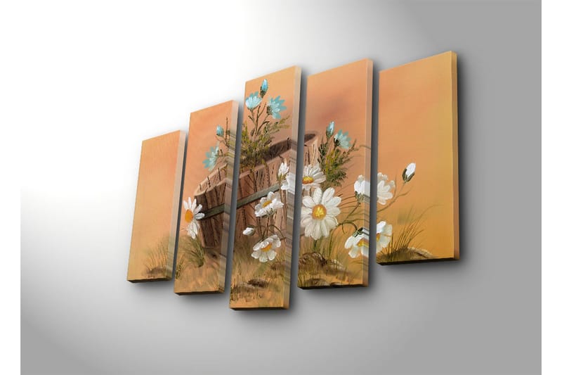 Stort lerretsbilde i 5 deler 105x70 cm - Blomsteroppsats med tusenfryd og en kurv - Hvit / Blå / Beige - Interiør - Maleri & posters - Lerretsbilder