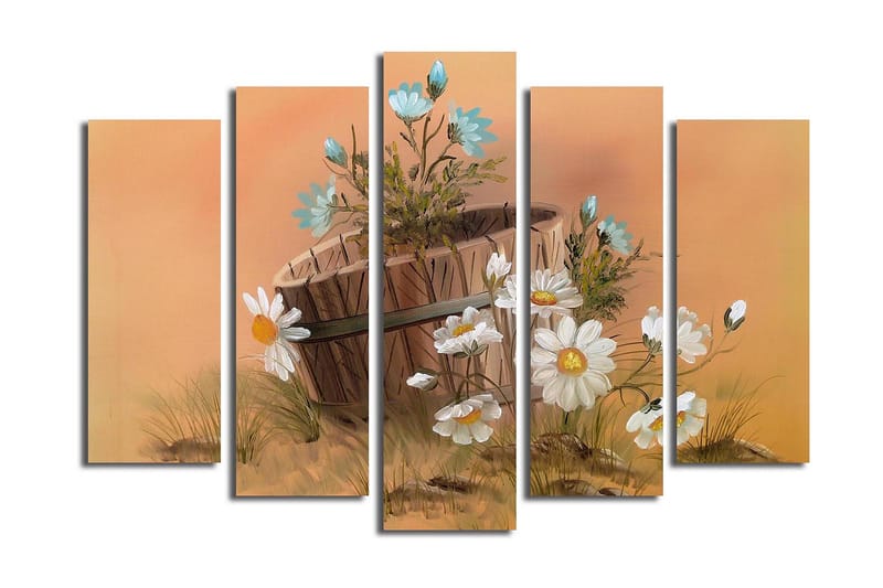 Stort lerretsbilde i 5 deler 105x70 cm - Blomsteroppsats med tusenfryd og en kurv - Hvit / Blå / Beige - Interiør - Maleri & posters - Lerretsbilder