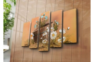 Stort lerretsbilde i 5 deler 105x70 cm - Blomsteroppsats med tusenfryd og en kurv - Hvit / Blå / Beige - Interiør - Maleri & posters - Lerretsbilder