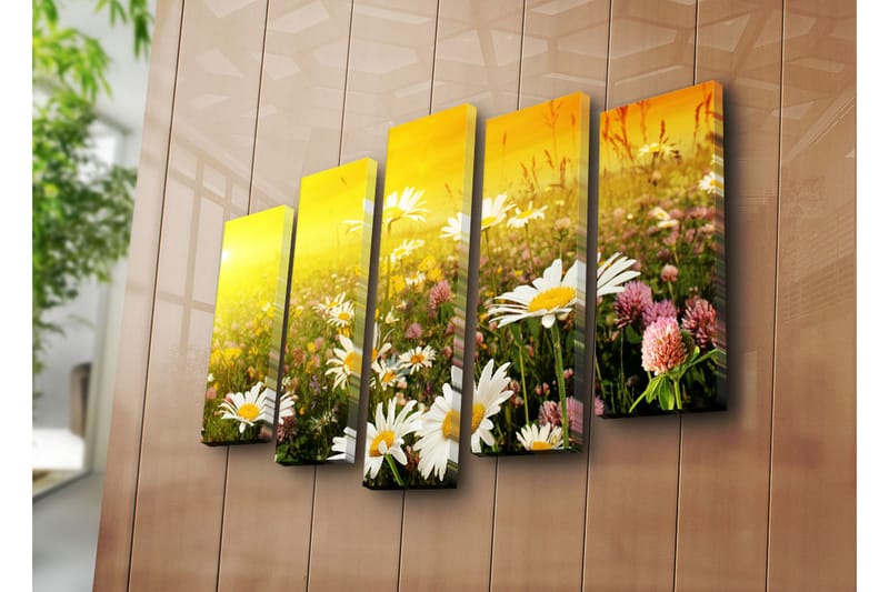 Stort lerretsbilde i 5 deler 105x70 cm - Blomstrende eng med tusenfryd og kløverblomster - Gul / Hvit / Grønn - Interiør - Maleri & posters - Lerretsbilder