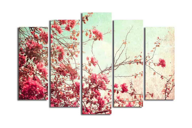 Stort lerretsbilde i 5 deler 105x70 cm - Blomstrende grener av bougainvillea i pastellfarger - Rosa / Mintgrønn / Beige - Interiør - Maleri & posters - Lerretsbilder