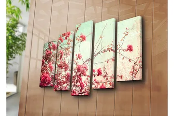 Stort lerretsbilde i 5 deler 105x70 cm - Blomstrende grener av bougainvillea i pastellfarger - Rosa / Mintgrønn / Beige - Interiør - Maleri & posters - Lerretsbilder