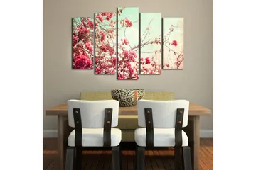Stort lerretsbilde i 5 deler 105x70 cm - Blomstrende grener av bougainvillea i pastellfarger - Rosa / Mintgrønn / Beige - Interiør - Maleri & posters - Lerretsbilder