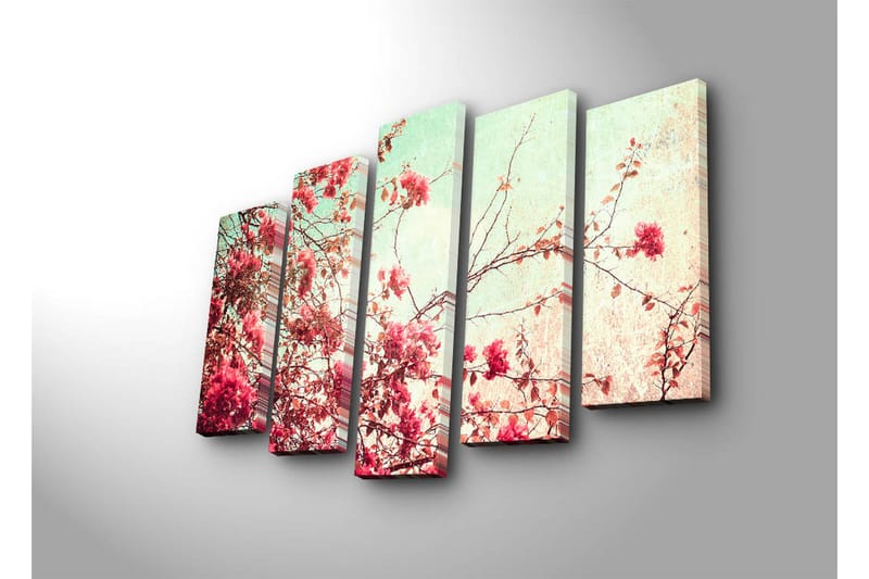Stort lerretsbilde i 5 deler 105x70 cm - Blomstrende grener av bougainvillea i pastellfarger - Rosa / Mintgrønn / Beige - Interiør - Maleri & posters - Lerretsbilder