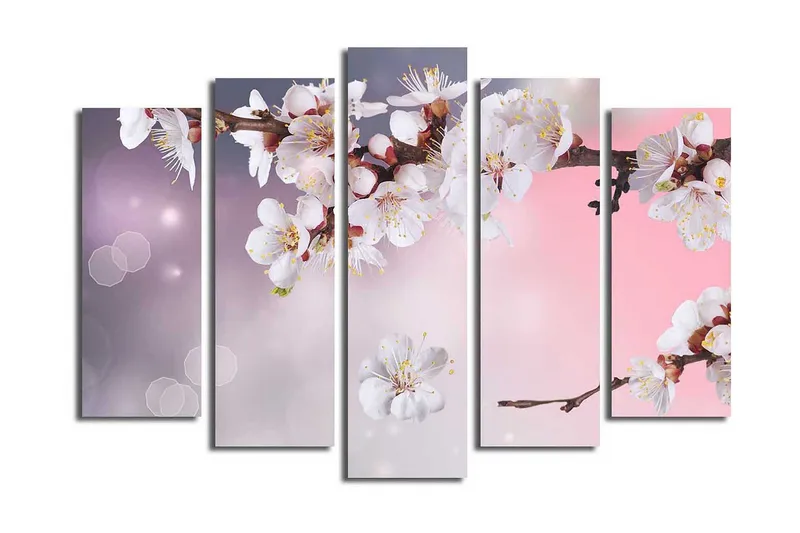 Stort lerretsbilde i 5 deler 105x70 cm - Blomstrende kirsebærgren med hvite blomster - Hvit / Lilla / Rosa - Interiør - Maleri & posters - Lerretsbilder